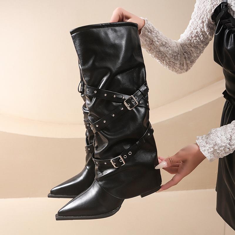 Fashion Designer Women's Boots Spring Cosy Pointed Toe Woman Shoes  Fashion Sexy Knee-High Boots for Women Belt Buckle Thick Heel Boots