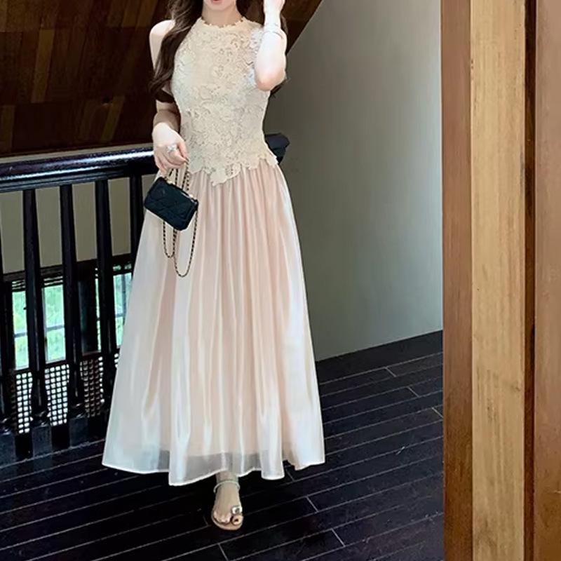French Lace Sleeveless Dress - Elegant Long Skirt for Engagement, Ceremony & Vacation Medium