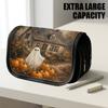 1pc Large Capacity Thickened Oxford Flip Top Pencil Case Suitable for School & Office, Double Layer Zipper Haunted House Storage Bag with Cute Orange 