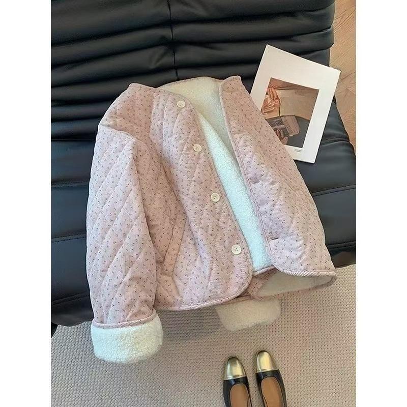 Corduroy Korean Version of Round Neck Floral Cotton Jacket Women's Autumn and Winter Loose and Versatile Warm Long-sleeved Cotton-padded Jacket