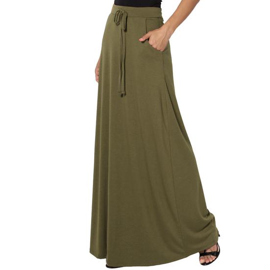 Women Maxi Skirt Adjustable Drawstring High-Waisted Solid Color Long Skirt with Pockets Casual Work Skirt