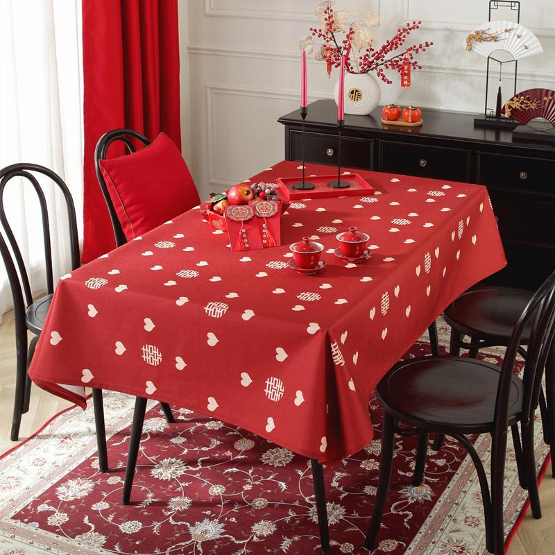 Polyester Printed Wedding Wedding Happy Character Red Festive Wedding Room Decoration Coffee Table Tablecloth Waterproof Dining Table Cloth