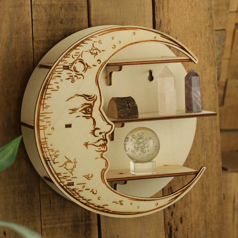 Holzregal Mondgesicht Ausstellungsständer Schweberegal Wanddeko Wandregal Boho Heimdekoration Kristallhalter Wandorganisator