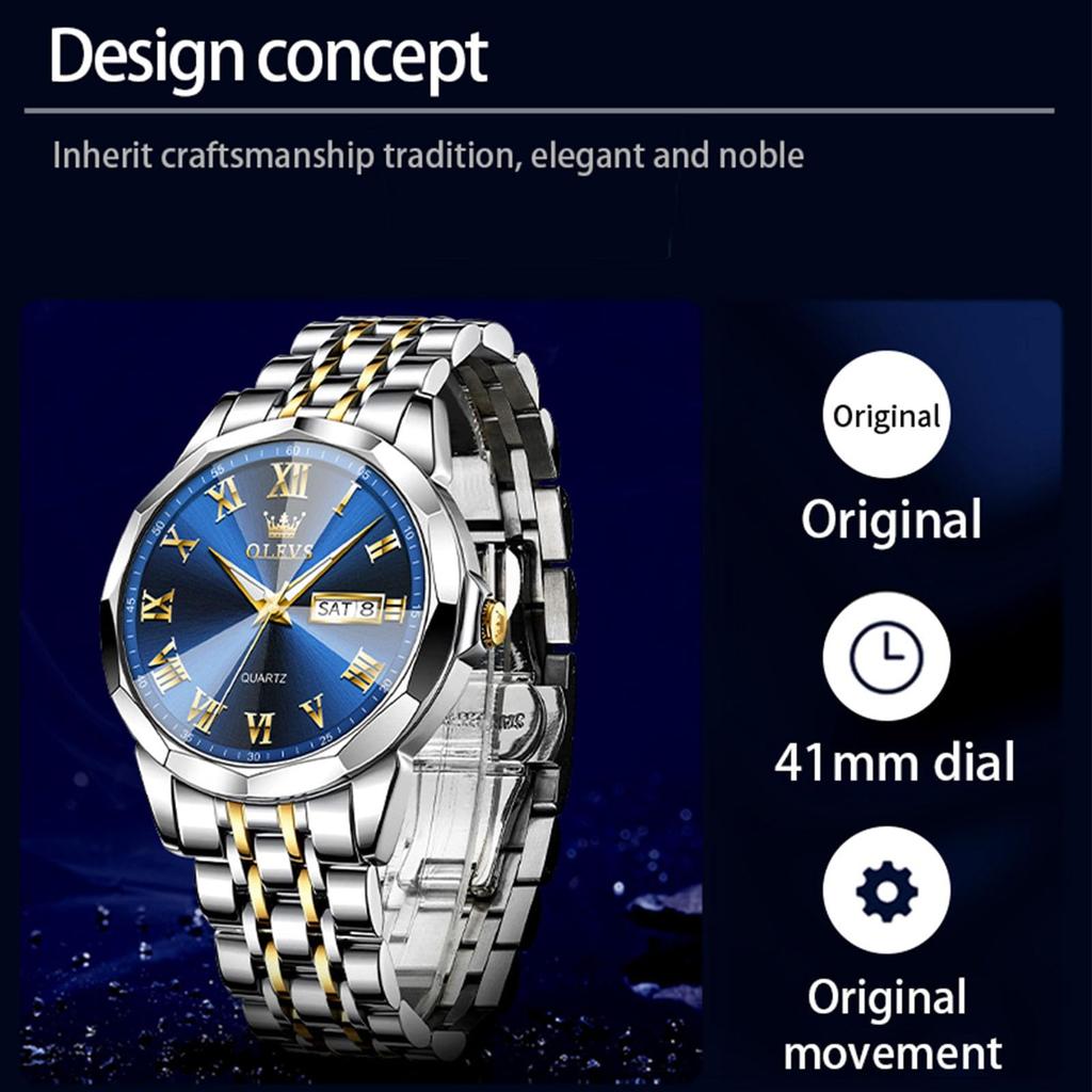 OLEVS Popular Waterproof Analog Quartz Watch with Blue Date Day of the Week Blue Stainless Steel Stylish Luminous Pressure Easy To Formal Wear Men's