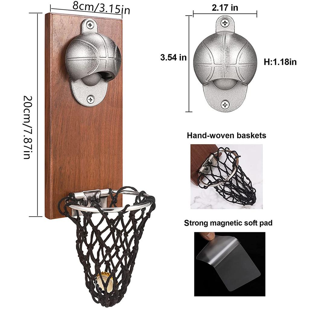 Wall Mounted Bottle Opener Basketball Shot Bottle Opener Wooden Wall-mounted Beer Bottle Opener with Cap Catcher Bar Party Suppl