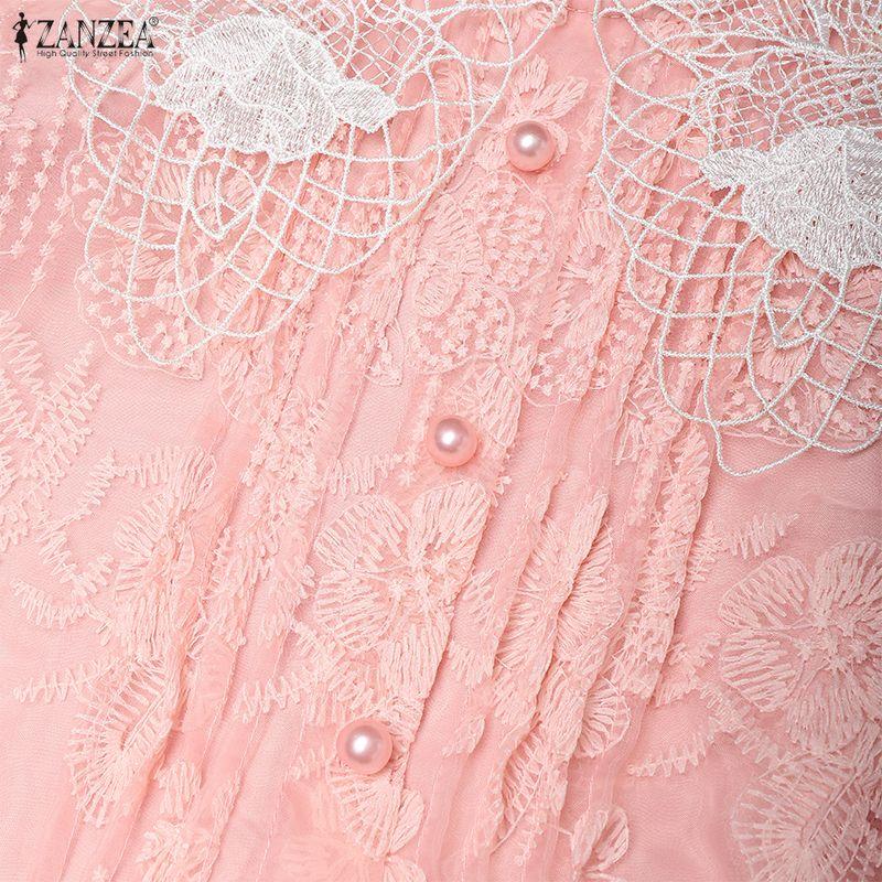 ZANZEA Women Casual Round Neck Summer Lace Patchwork Short Sleeve Dress