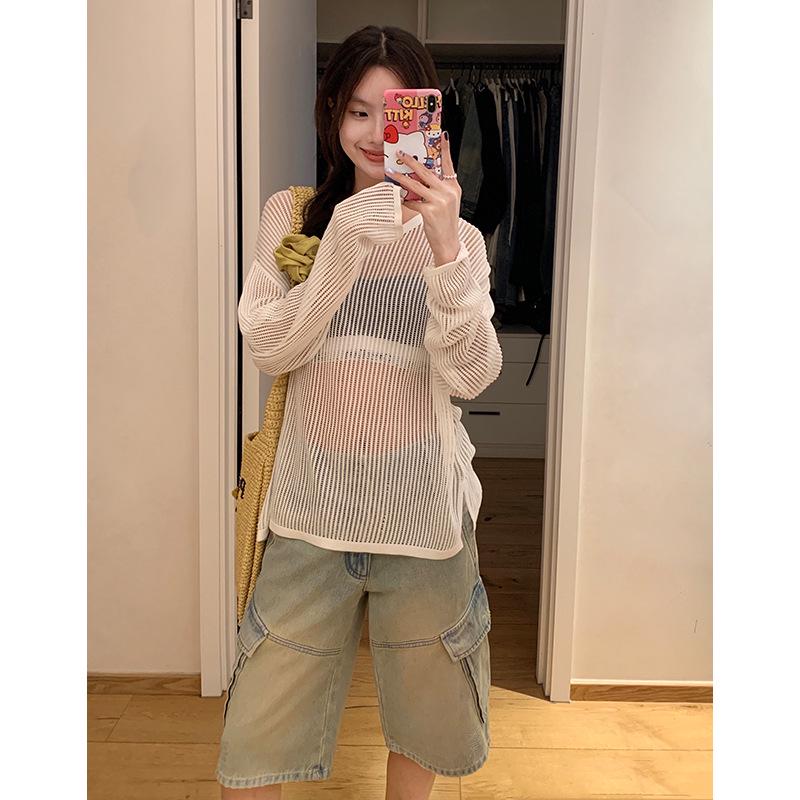 

Женский свитер с круглым вырезом, ажурная вязка, весенний дизайн 2025 г., свободный облегающий кардиган с длинными рукавами Medium