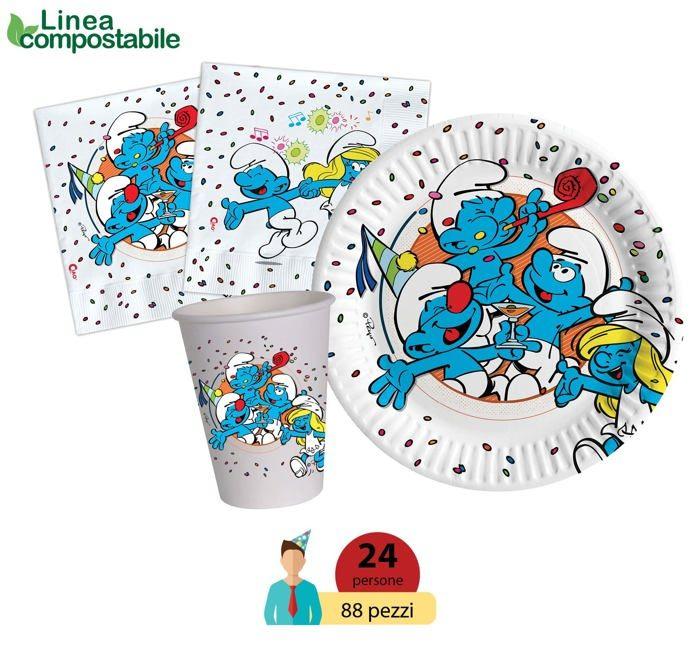 Set de vaisselle jetable - puffi - az024 - 24 assiettes - 24 verres - compostable