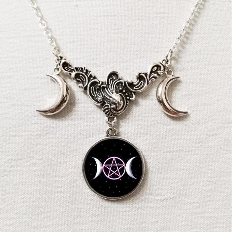 Triple Moon Silver Necklace with Full Moon and Crescent Pendant