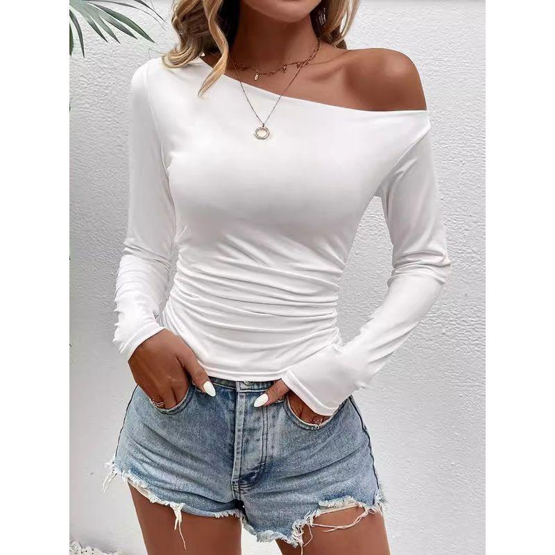 Solid Color Slanted Neck Long Sleeved Top Solid Diagonal Collar Long sleeve Top Women