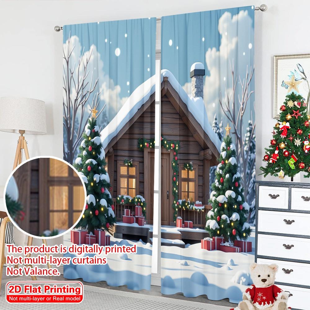 2pcs 2D Flat Printing Merry Christmas Popular Window Curtains Cozy Cabin Christmas Snow Gifts 100% Polyester Without Electricity