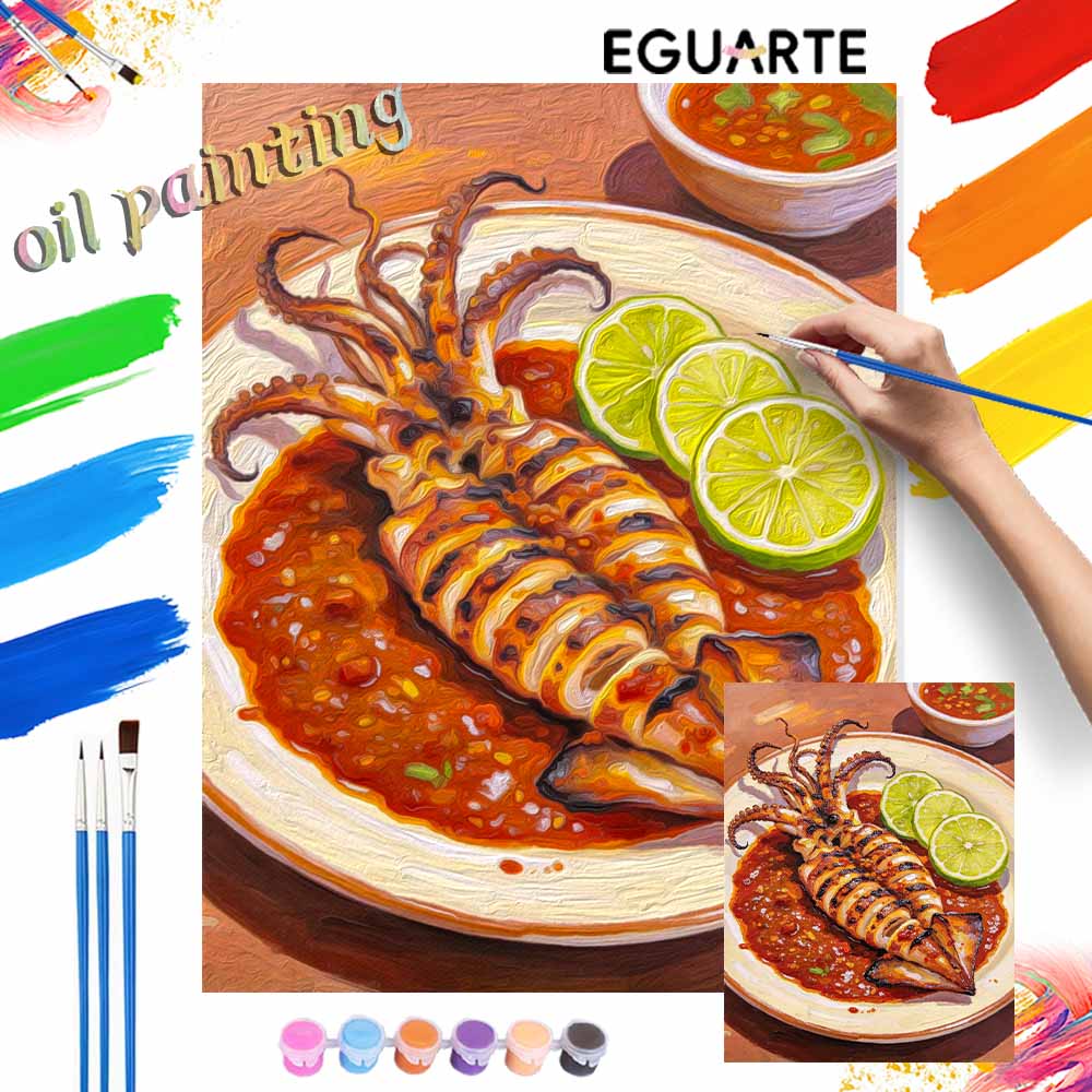Grilled squid food paintbynumber kit. from beginners to advanced levels. for home decoration and DIY art oil painting.