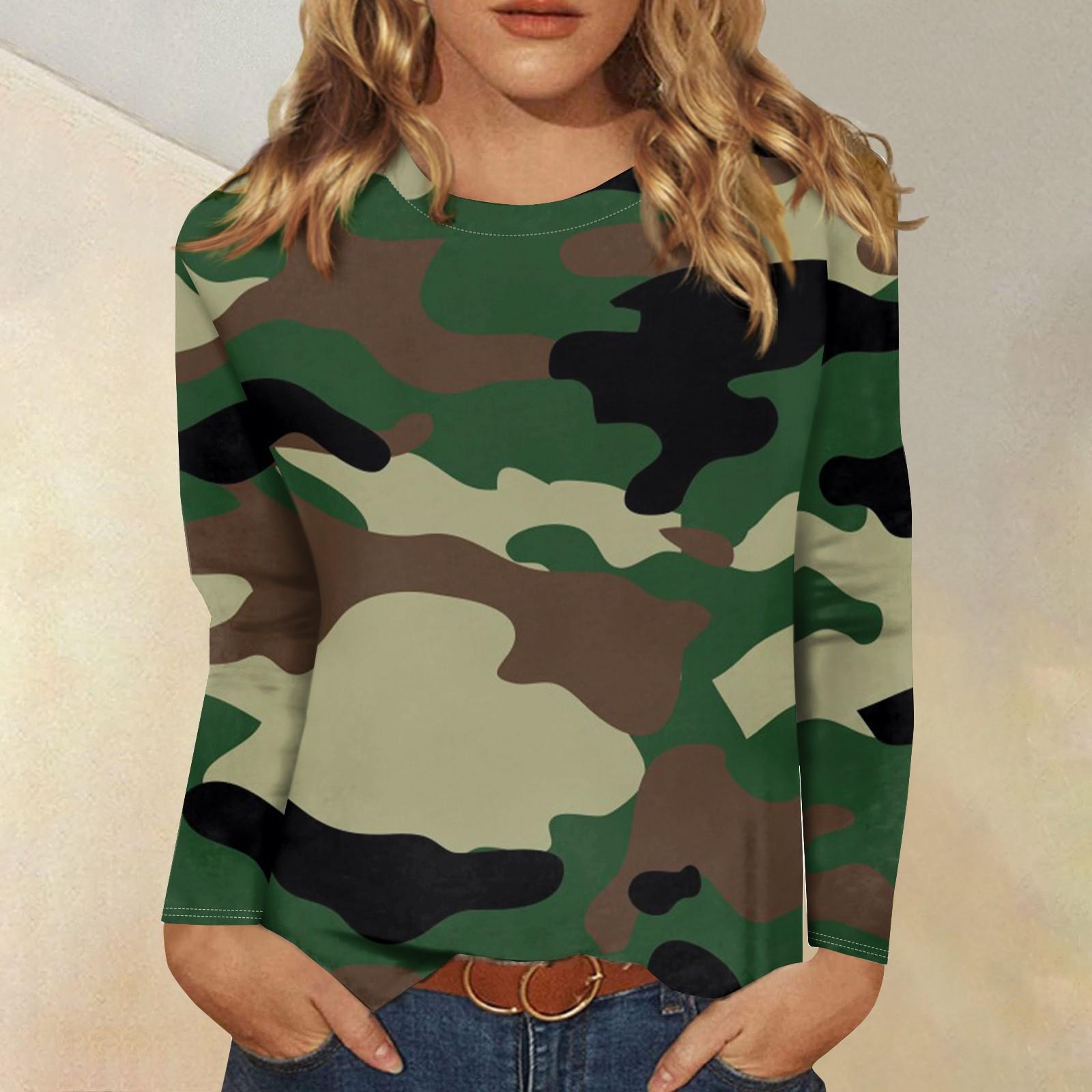 

Женская модная повседневная футболка с длинным рукавом и круглым вырезом с камуфляжным принтом M