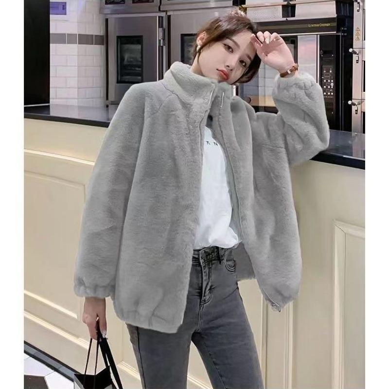 Women Plus Size Fleece Lined Zip Up Stand Collar Loose Winter Coat