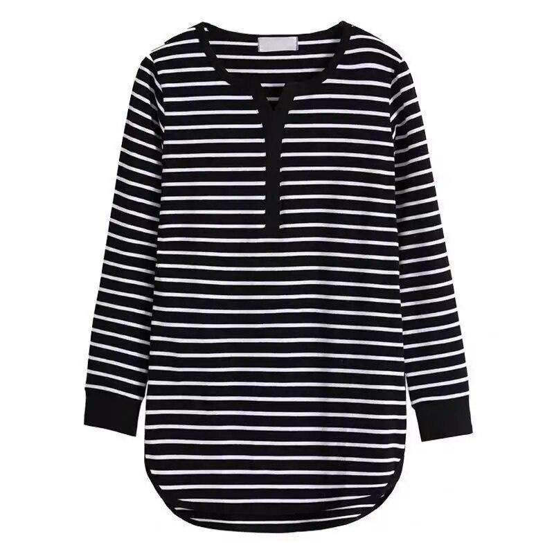 Autumn Winter New Striped T-shirt Women's Korean Loose Mid Length Long Sleeve Top Fashion Round Collar Bottoming Shirt M-5XL