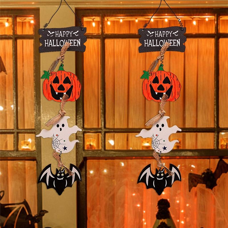 Practical-Halloween Front Door Hanging Pumpkin Witch Ghost Flags Sign For Halloween Home Haunted House Door Decorations