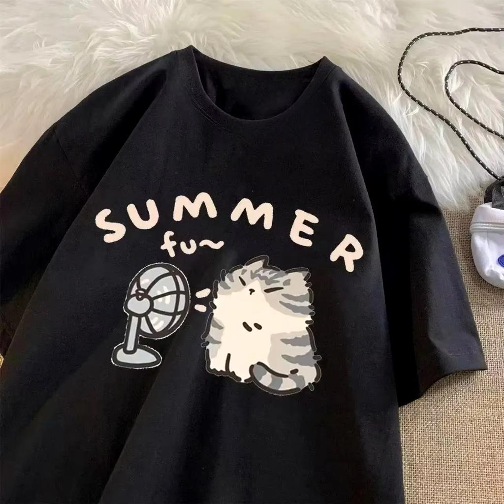 Fan Cat and Men Women T-shirt American Street Creative Blow Relaxed Short Sleeve Couple Wear I