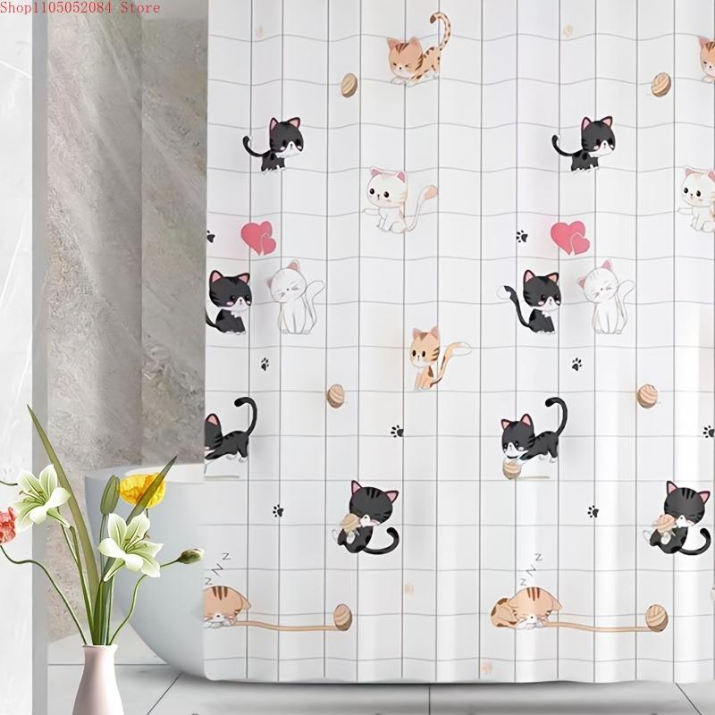 Adorable Feline Stylish Shower Curtain Bathroom - With Hooks Waterproof Mildew Proof Easy Install Washable