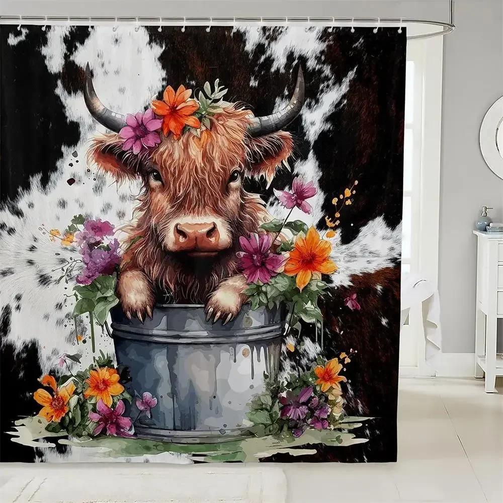 Funny Highland Cow Shower Curtain Farm Animal Sunflower Watercolour Flowers Farmhouse Polyester Fabric Bathroom Decor with Hooks