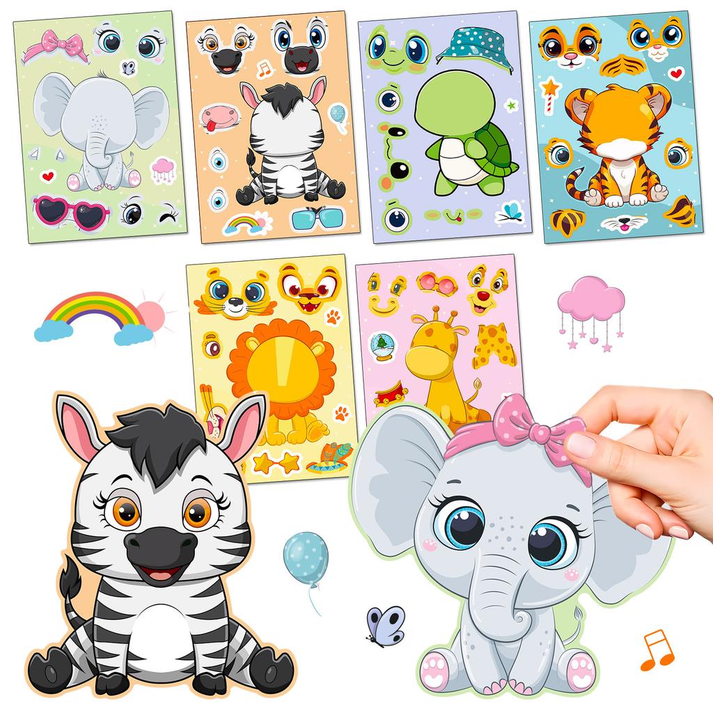 6/12sheets Cartoon Animals Make A Facial Puzzle Stickers Adorable Elephant Tiger Turtle Assemble Jigsaw Stickers Children Instructive Playthings