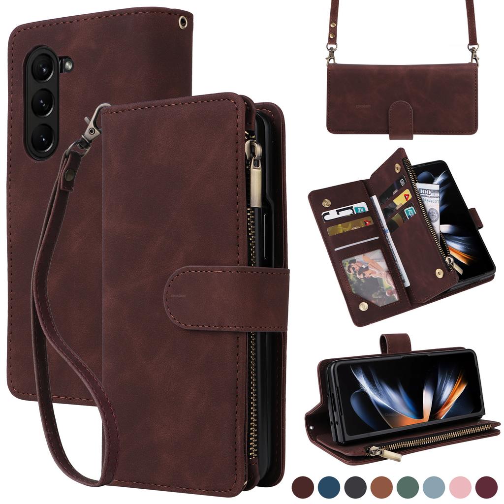 Applicable to Samsung Z Fold 6 leather case Z Flip5 folding mobile phone retro matte zipper wallet diagonal straddle