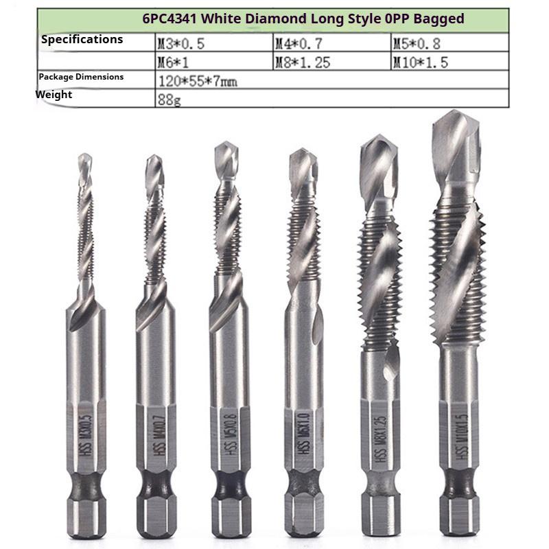 Vysokorýchlostná oceľová šesťhranná stopka tri v jednom kombinovaný závitník, vŕtanie, rezanie závitov a odihlovanie integrované špirálové strojové rezanie závitov, špirálový závitník