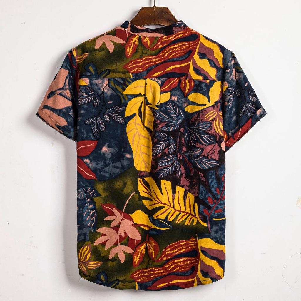 Camicia Casual Estiva da Spiaggia da Uomo con Stampa Foglie Tropicali, Collo Henley, Manica Corta