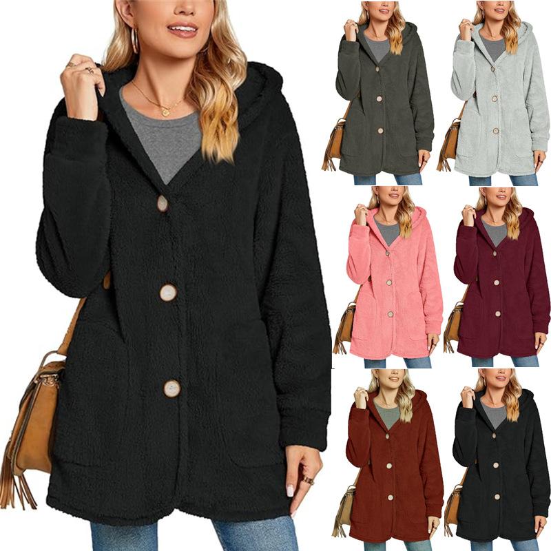 Women's Long Sleeve Button Pocket Casual Plush Hooded Jacket