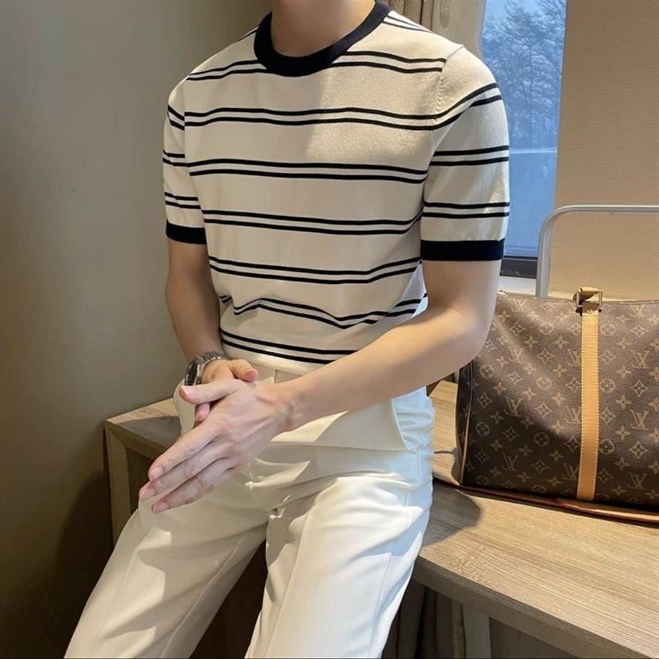 Korean Style Slim Fit Men's Striped Ice Silk T-Shirt