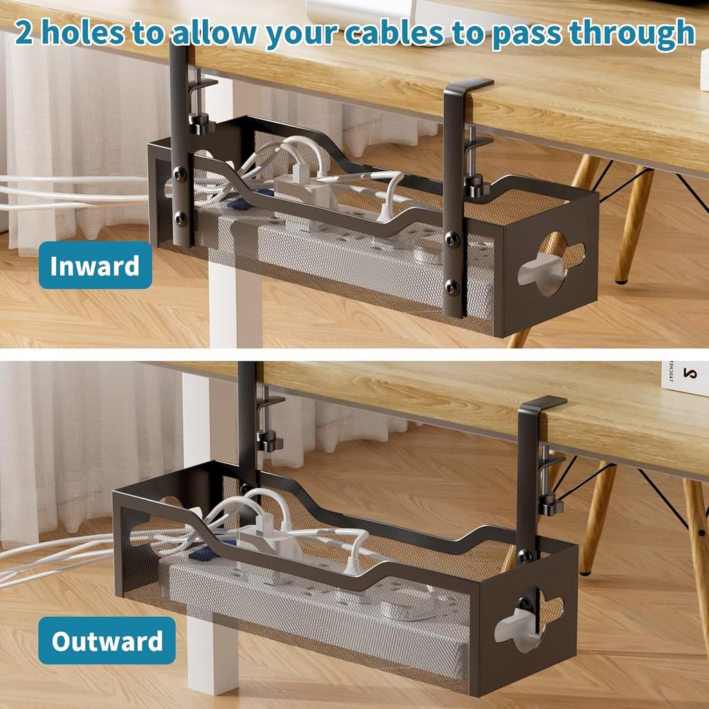 Under Desk Cable Management Tray No Drill, Metal Mesh Cable Management Under Desk with Clamp Mount, 2 Hole Cable Tray with Wire Management and Cord