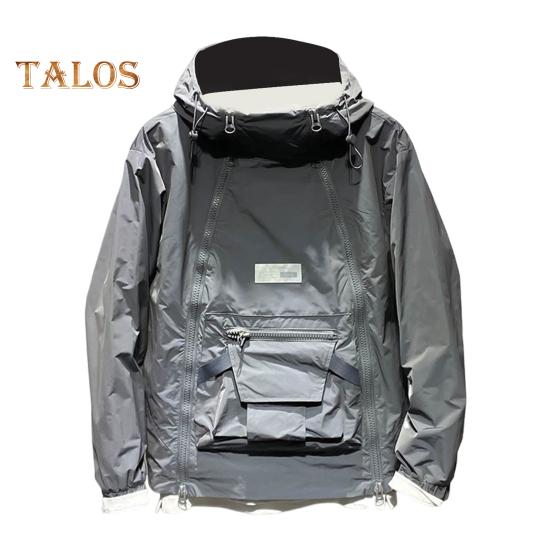 Men Trench Coat Hooded Drawstring Long Sleeve Double Zipper Cargo Tops Solid Color Large Pocket Street Style Outwear