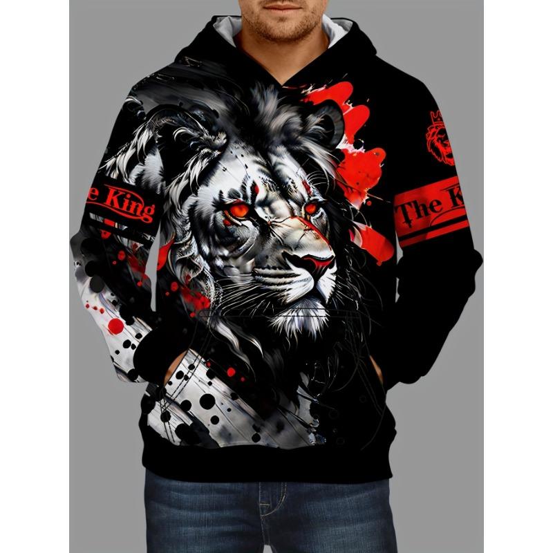 Lion 3d Print Hoodies For Men, Graphic Hoodie With Kangaroo Pocket, Comfy Loose Trendy Hooded Pullover, Mens Clothing For Autumn