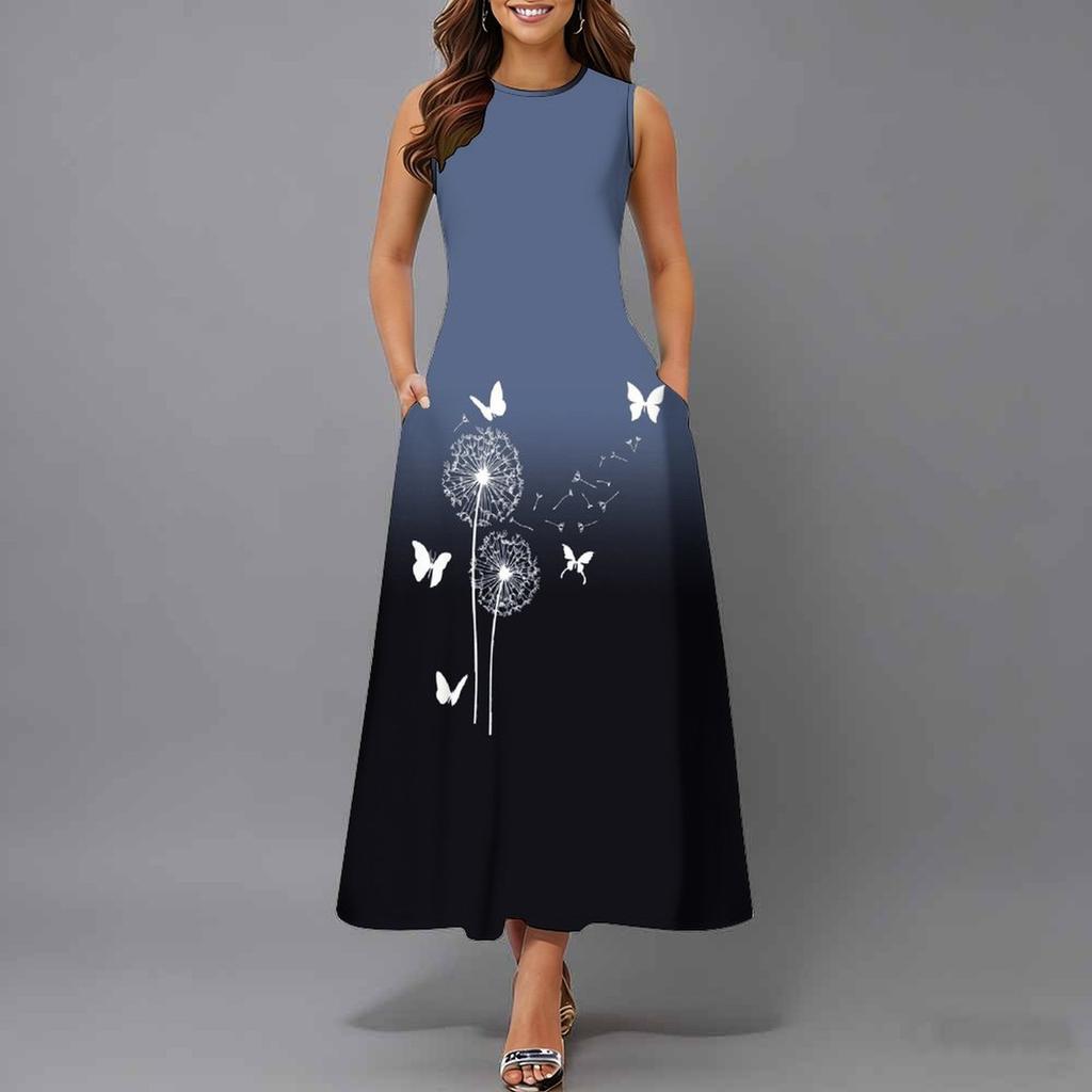 Plus Size Women Sleeveless Round Neck Dress Fresh Tiny Ditsy Floral Flowy Mid Length Gown