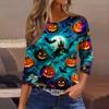 Women's Casual Three-Quarter Sleeve Round Neck Top with Halloween Print for Holiday Outfits