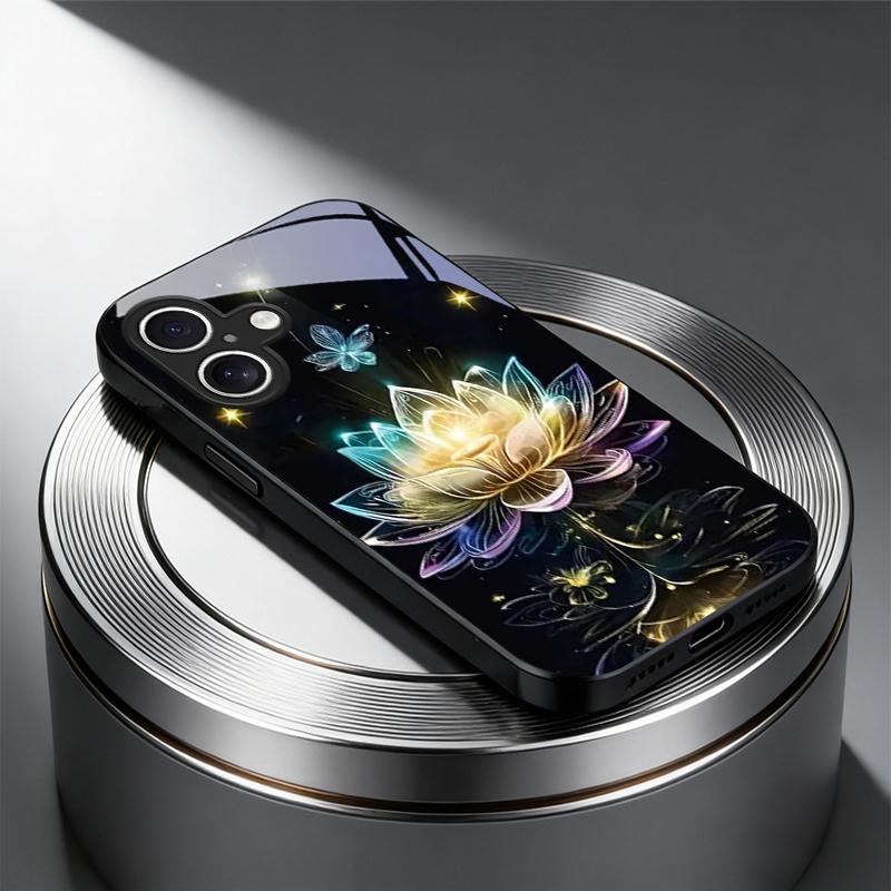 Tellar Luminescence Lotus Black Glass Phone Case For iPhone 17 Air 16 E 15 Plus 14 Pro Max 13 12 Mini 11 5 6 7 8 Plus XR X Cover