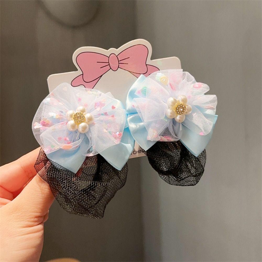 2PCS Fashion Headdress Ballet Hair Net Spring Clip Hair Bun Cover Girls Elastic Hair Net  Kids