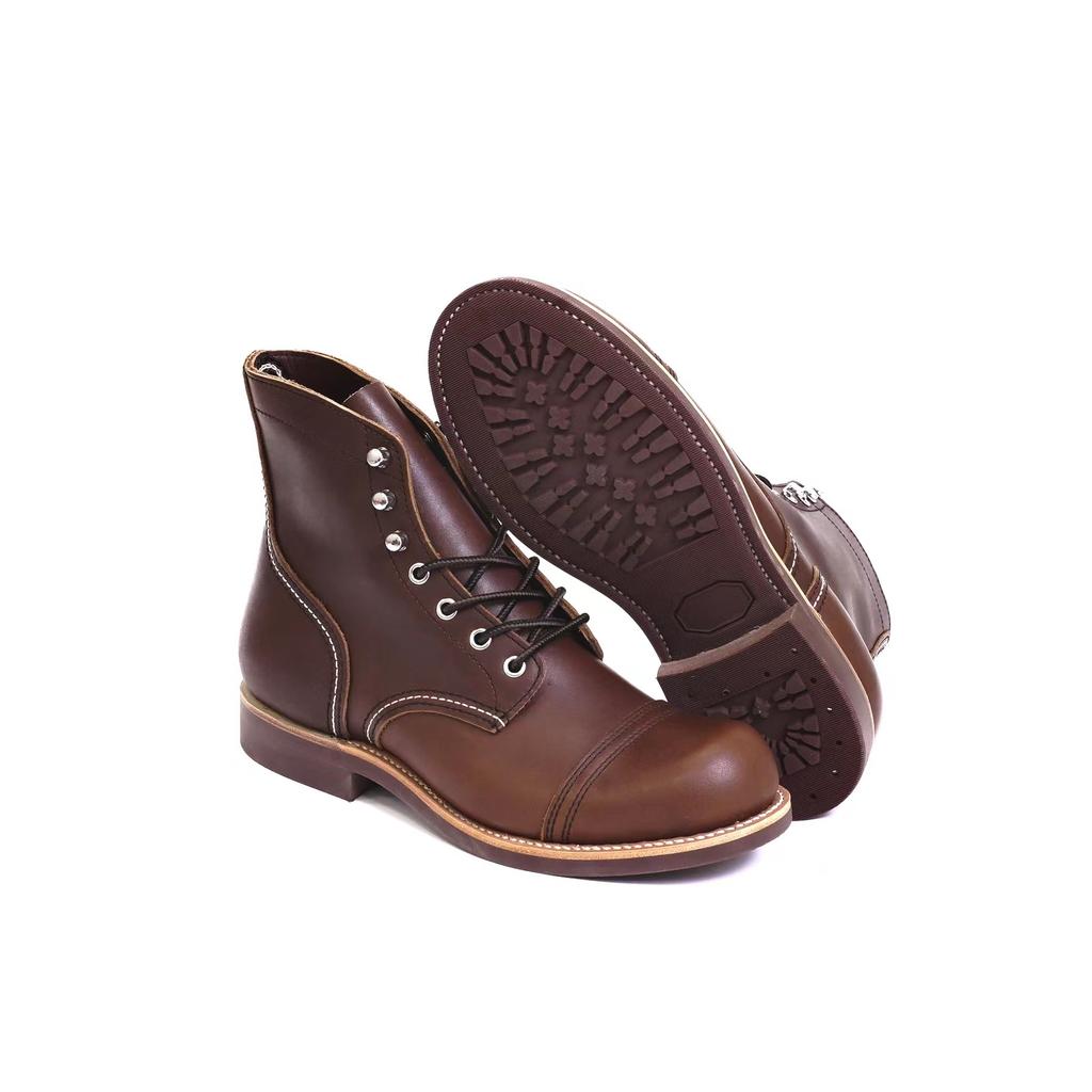 Dayanıklı Goodyear-Weltli Motosiklet Sağlam Miras Botları Vintage Yağ Gerçek Deri 8111 Kırmızı Punk Erkekler İçin Sığır Derisi Orta Kesim Ayakkabılar