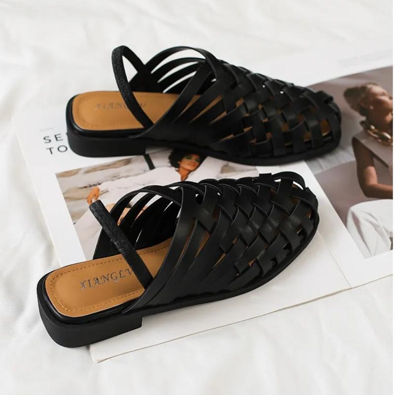 Handgefertigte Gewebte Mules Flache Sandalen Damen Sommer Lässig Große Größe Römische Schuhe Schmaler Riemen Slip-on Zehenbedeckung Gladiator Sandalen