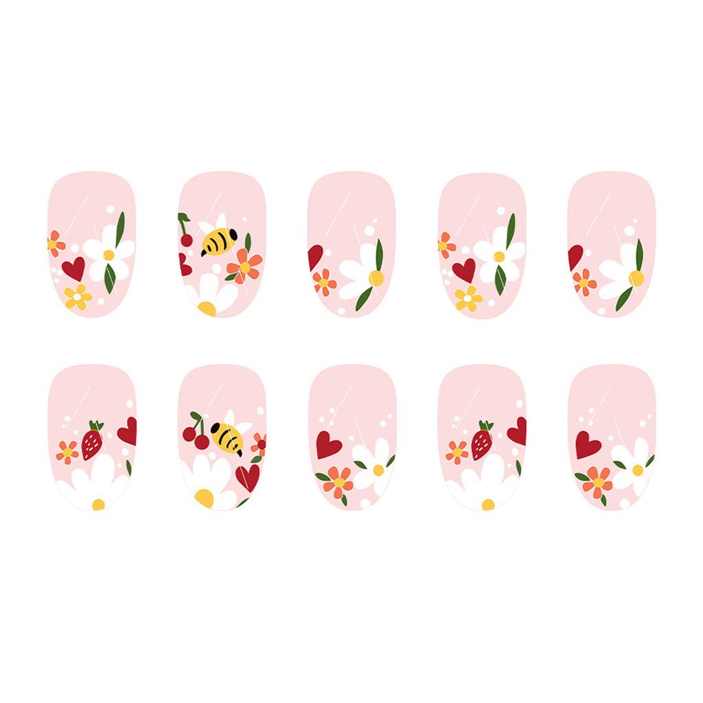 24 Pcs Sweet Flowers False Nail Bees Artificial Nail Glossy Full Cover Stick on Nail Short Oval Press On Nail