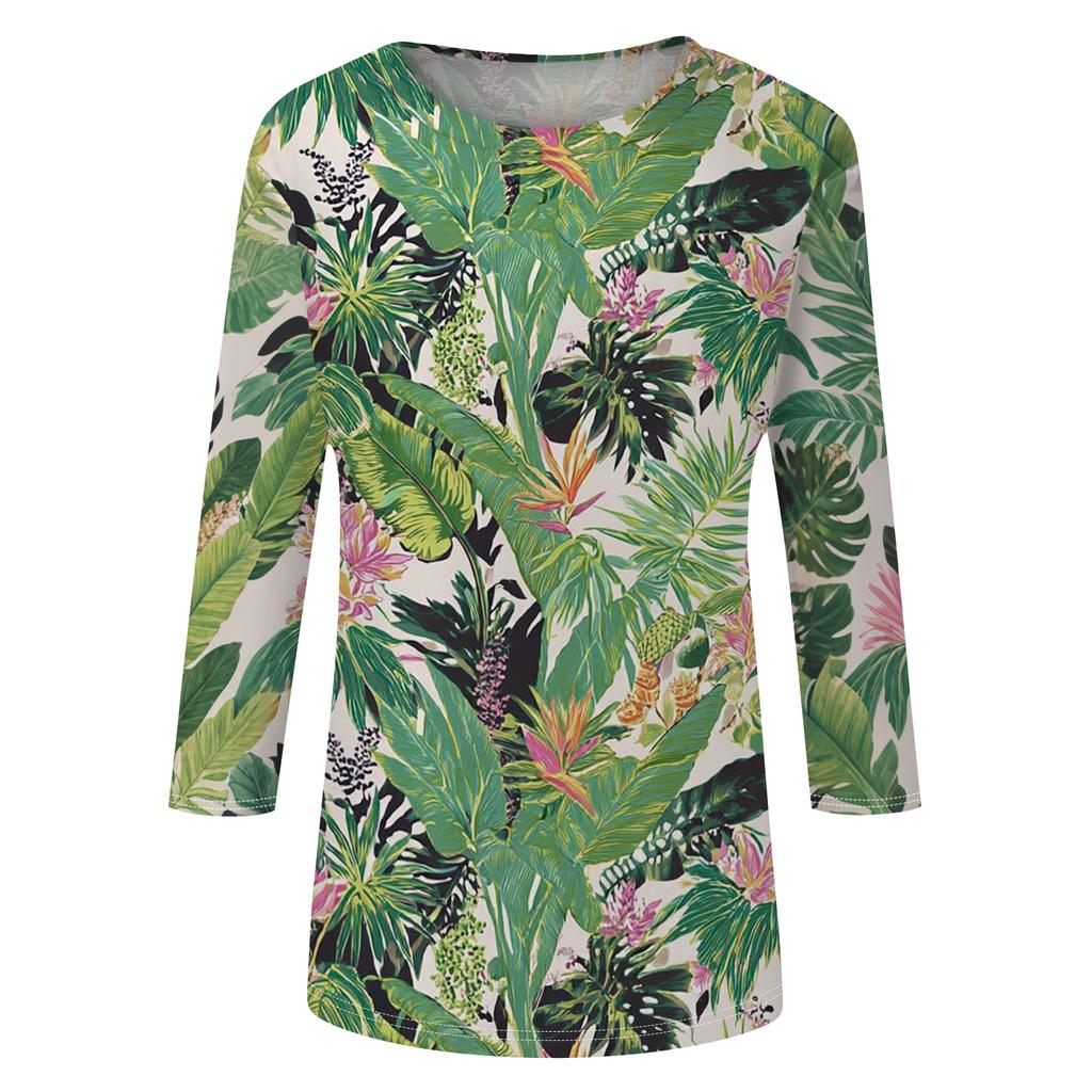 Women's Fashionable Casual Round Neck Three-Quarter Sleeve Printed T-Shirt Top