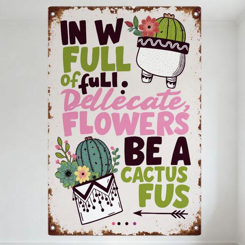 Vintage Metal Tin Sign with Cactus Illustrations, Rusty Distressed Edge, Handwritten Whimsical Text, Motivational Decor for Home