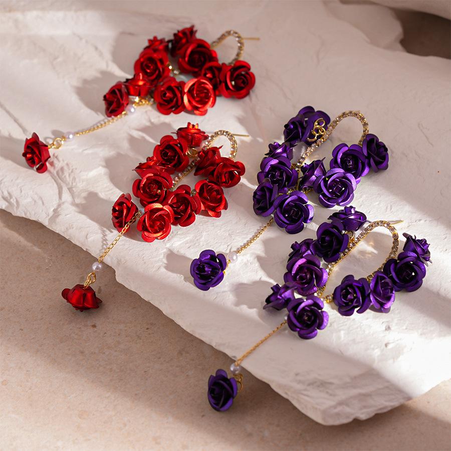 Elegant European & American Long Tassel Flower Earrings with Diamond-Inlaid Spray-Painted Design in Sterling Silver for Women