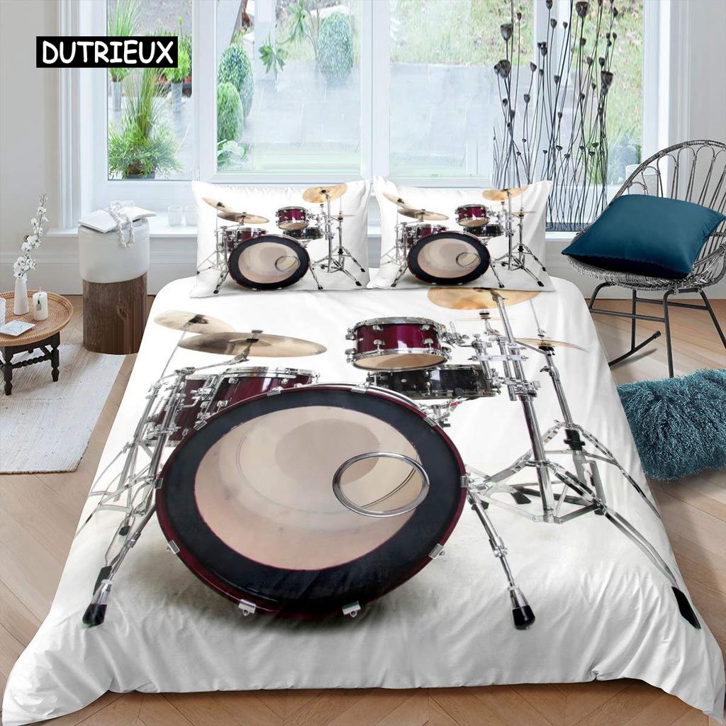Blue Drum Kit Duvet Cover Set Microfiber Rock Roll Pop Music Twin Bedding Set Musical Instrument Glitter Lines Comforter Cover