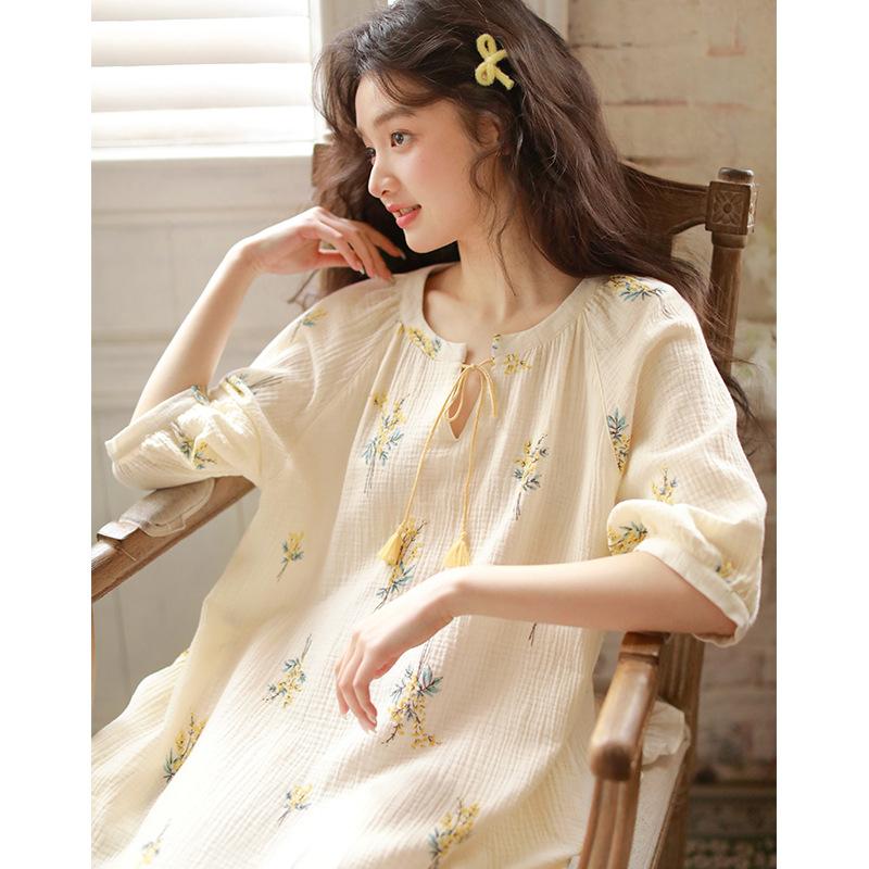Spring New Summer Thin Nightgown Women's Pure Cotton Double-layer Cotton Yarn Seven-quarter Sleeve Loose Large Size Medium and Long Skirt Can