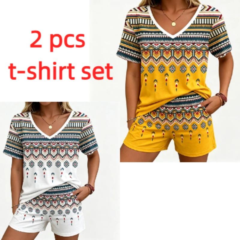 Summer Fashion Ethnic Style Pattern Printed V Neck Short Sleeved T-Shirt And Shorts Set Men's and Women's T-shirt Shorts Set