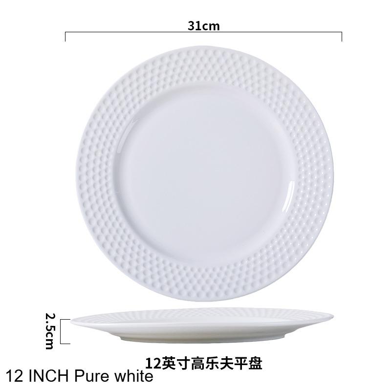 Round Ceramic Gold-rimmed Western-style Dinner Plate Creative Relief Pure White Ceramic Flat Plate Banquet Plating Tableware