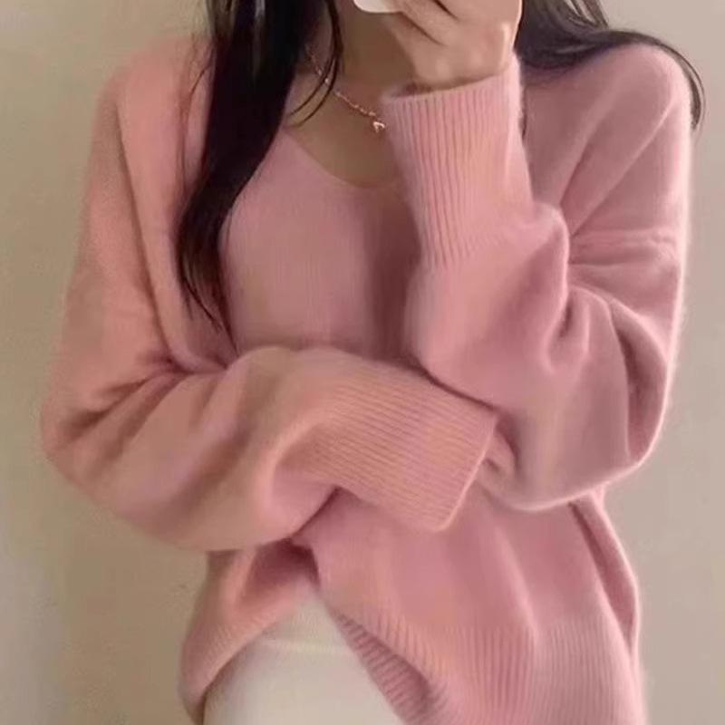 Women's Korean V-Neck Blue Knitted Sweater - Soft, Loose-Fit Autumn/Winter Pullover.