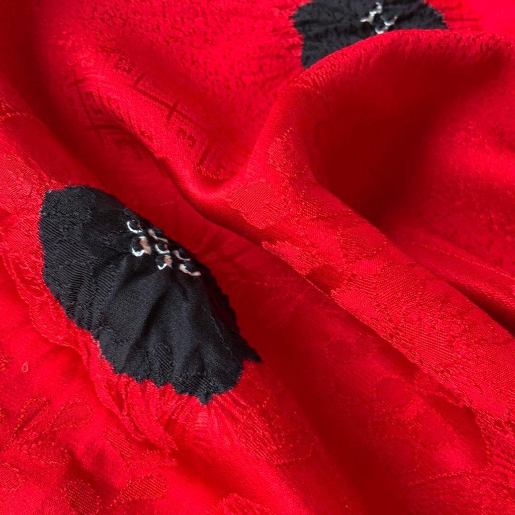 Used Pure Silk Rindashi Ring Out Shibori Obiage Red Black Floral Pattern Embroidery Pure Silk 497