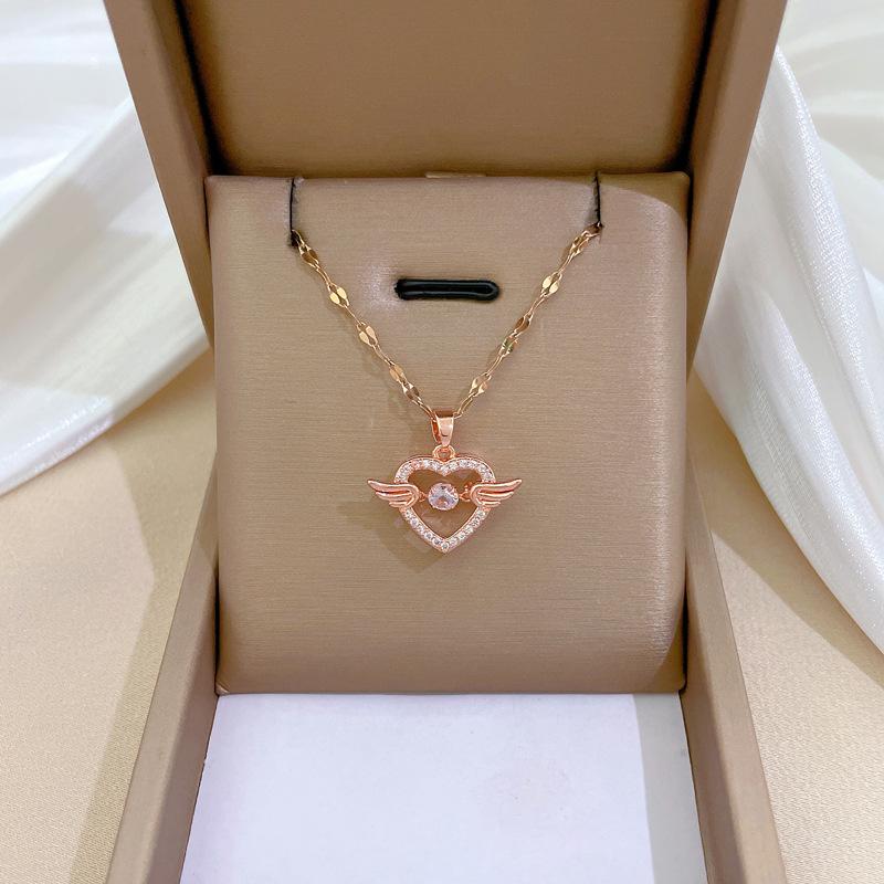 Smart Angel Heart Light Luxury Temperament Gorgeous Full Diamond Necklace Female Versatile Clavicle Chain Titanium Steel Chain