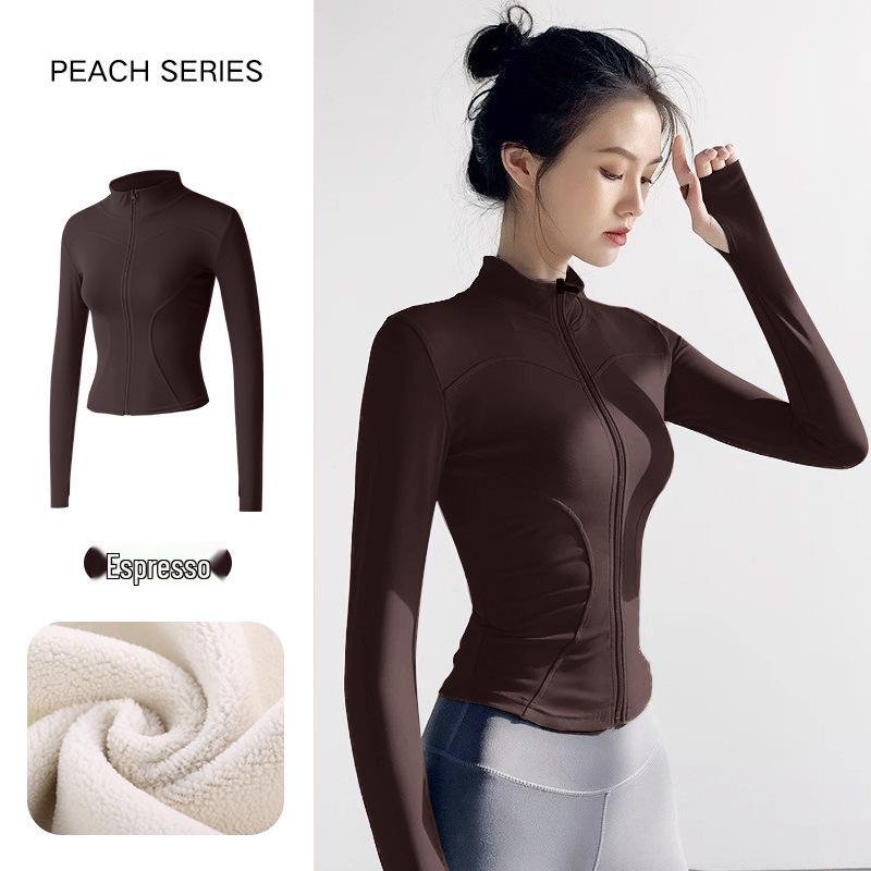 Women's Plush Slim Fit Zipper Yoga Jacket - Thickened, Elastic Long Sleeve, Stand Collar, Warm Autumn & Winter Top